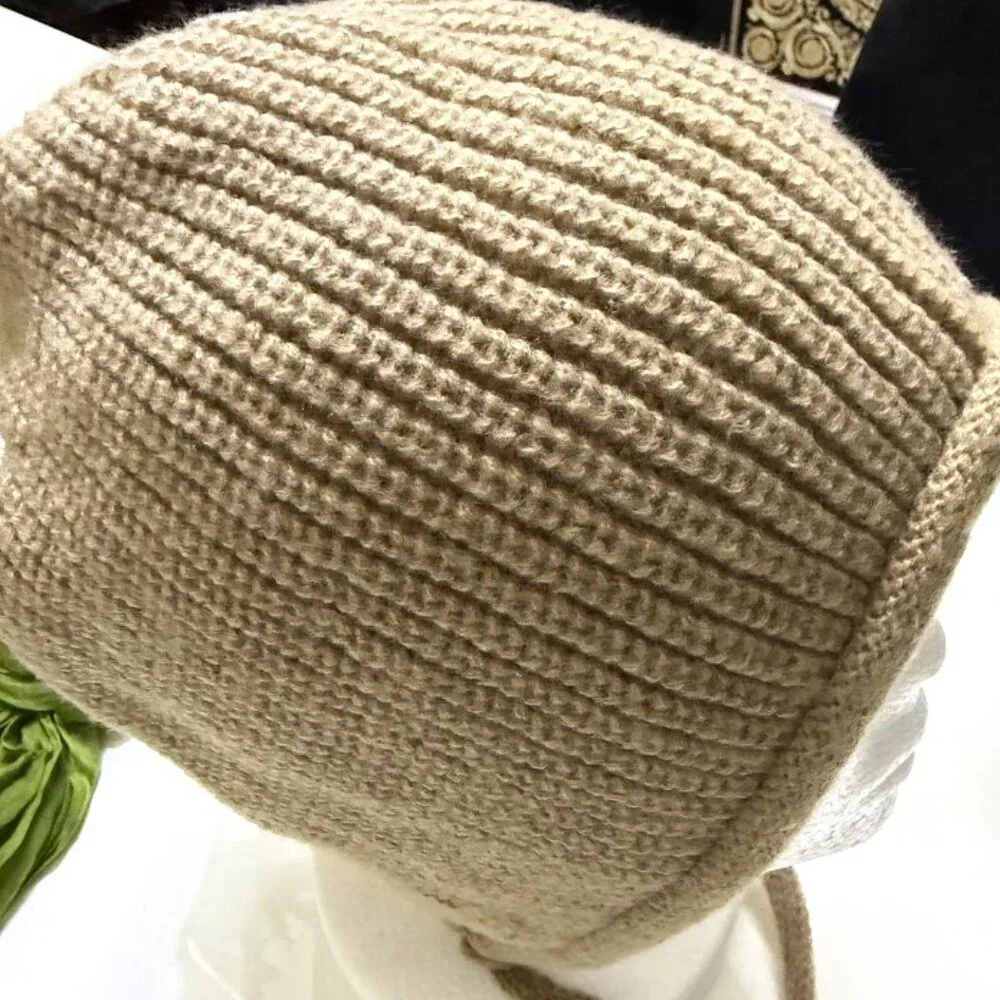 New Beige Knit Winter Bonnet Hat With Ties